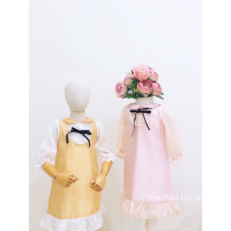 Đầm công chúa HOMI BABY HOUSE váy bé gái công chúa tay dài nơ đen màu hồng/vàng