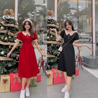 Đầm midi form a phối cổ begie