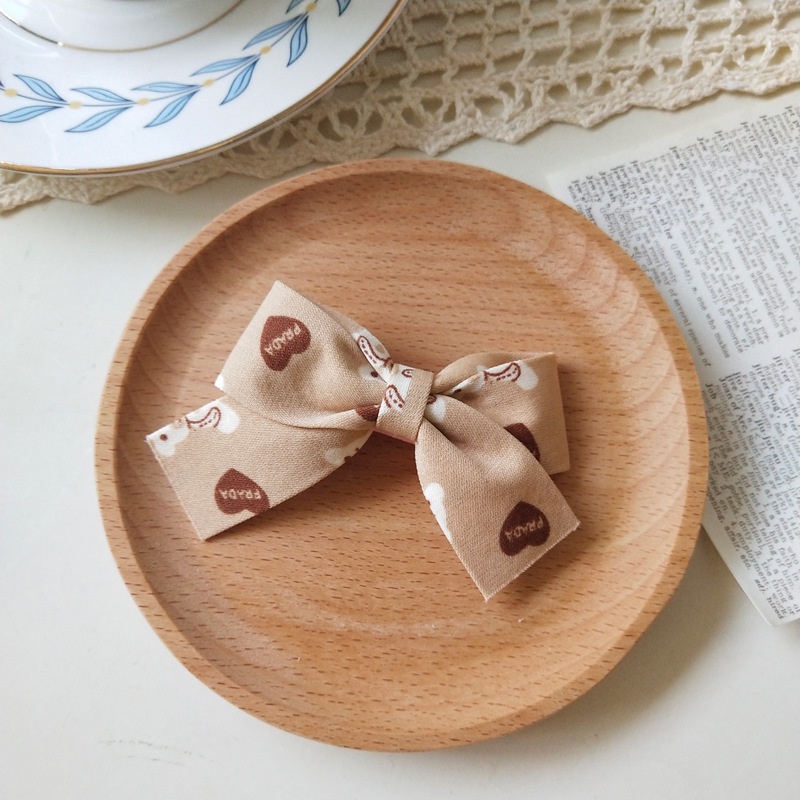 Kẹp nơ trà sữa họa tiết gấu hoa (7cm)phong cách retro đơn giản tiểu thư Hàn Quốc Tatitava