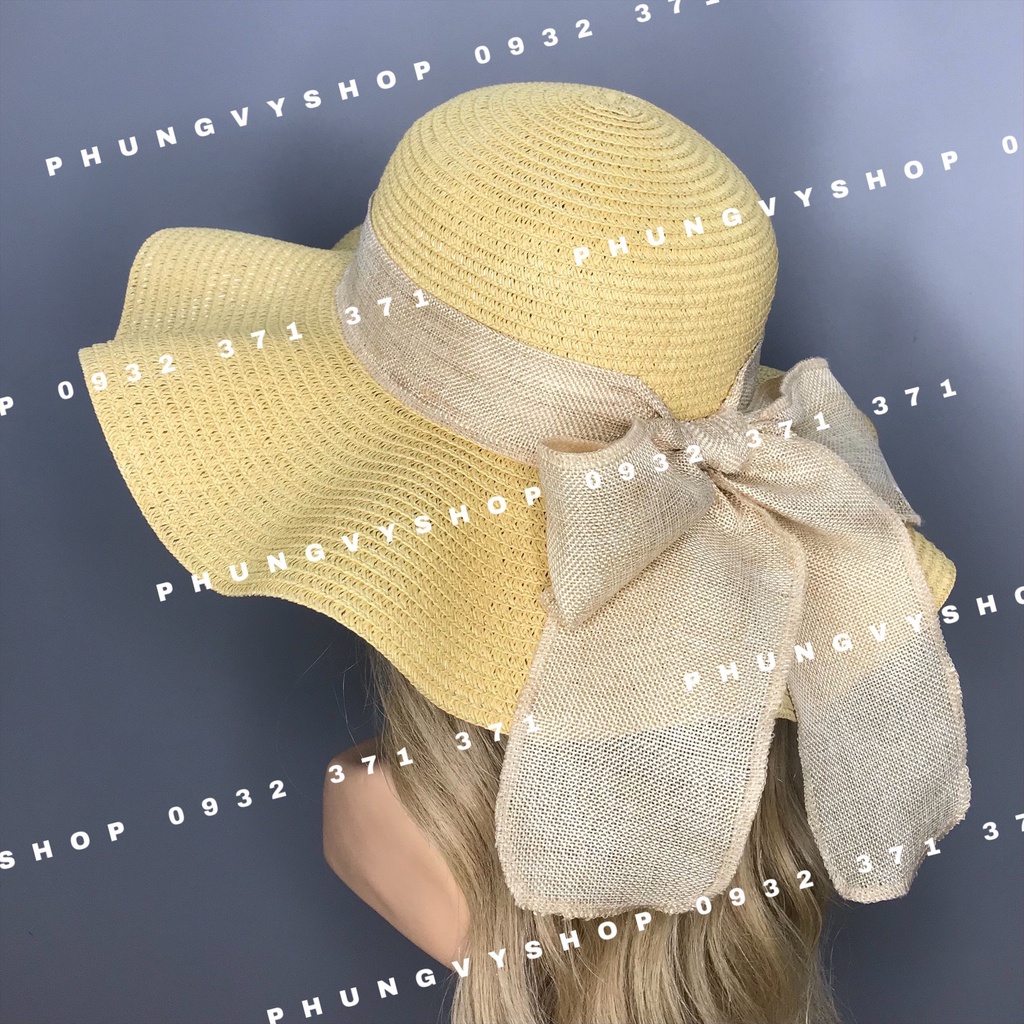 Mũ cói vành to cong dây nơ thừng to -nón cói đi biển