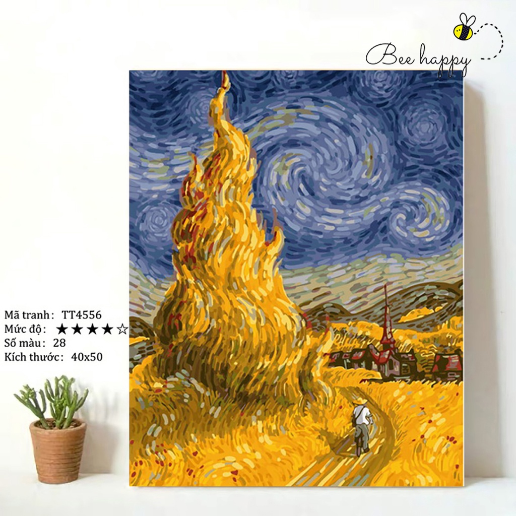 Tranh tô màu theo số Vangogh trừu tượng BEE HAPPY cao cấp màu 5ml, 2 bộ cọ có sẵn mã TT4556