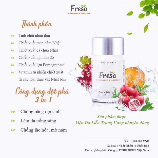 ✅(Giảm 100k mã THUOC100K) Viên uống trắng da và chống nắng nội sinh FRESA | BigBuy360 - bigbuy360.vn