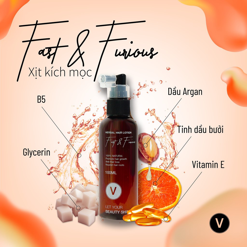 Xịt Bưởi Kích Mọc Tóc Fast &amp; Furious Vyvyhaircare Herbal Hair Lotion 100ml