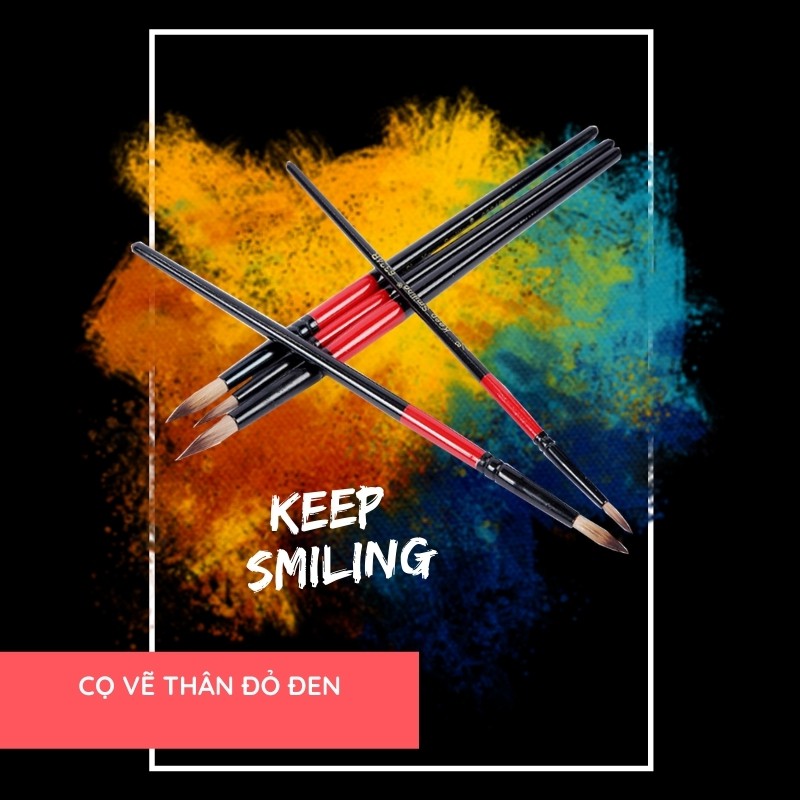 Bộ cọ vẽ Keep Smiling - 5 cây đầu tròn, thân đỏ đen, sử dụng để vẽ màu nước, màu Acrylic, giá rẻ