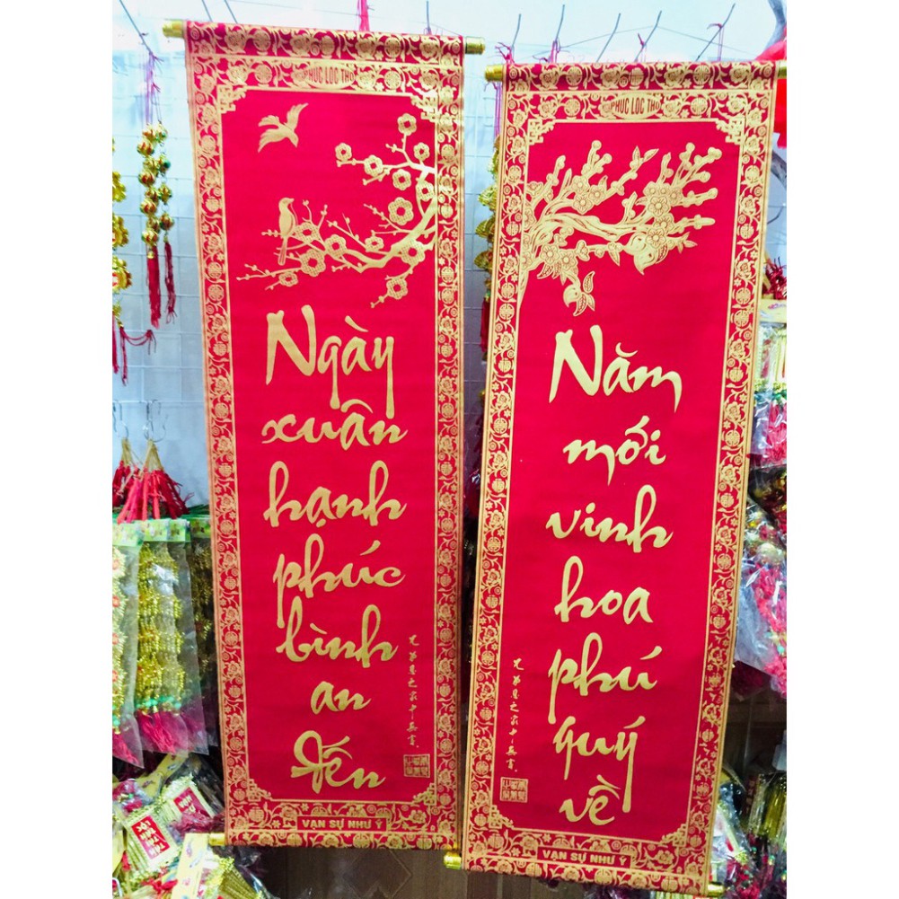 Sỉ 10 đôi câu đối đỏ, liễng 20x70cm trang trí tết in chữ Việt Nam làm từ vải nhung đẹp