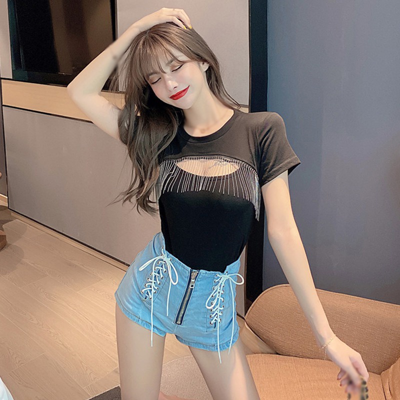 Áo Thun Tay Ngắn Dáng Ôm Phối Tua Rua Trọng Lượng Nhẹ Thời Trang Cho Nữ