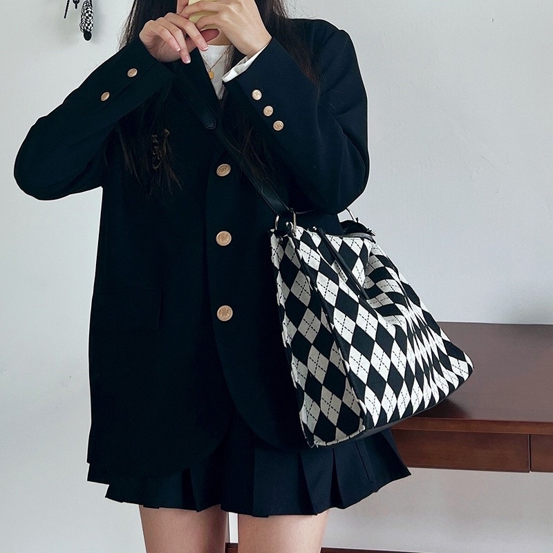 Có Sẵn - Túi tote CARO đeo vai vải canvas hoạ tiết đơn giản quai da phong cách ulzzang hot trend