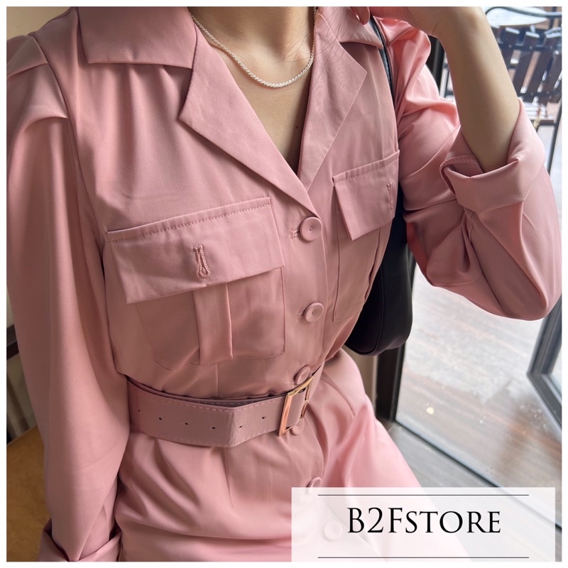 Đầm cổ vest sang trọng kèm đai, đầm vest tôn dáng