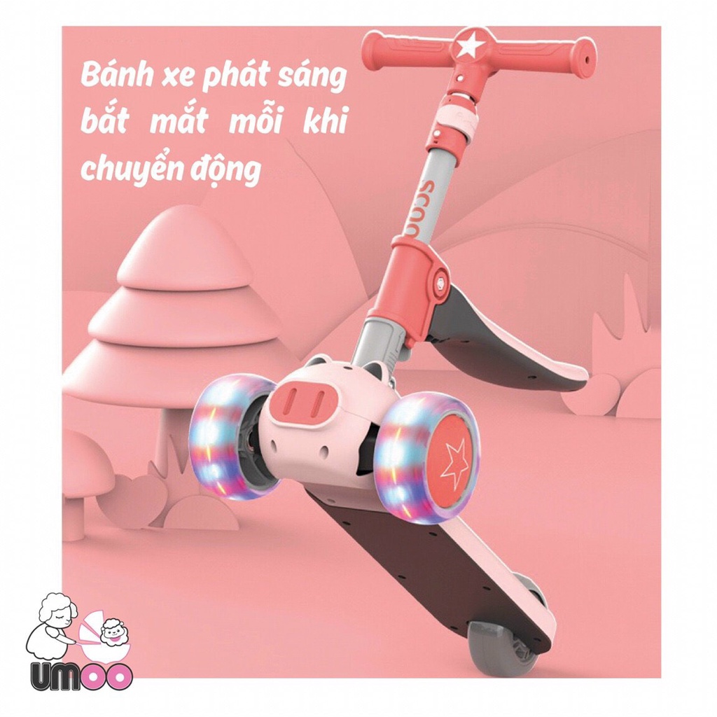 Xe trượt heo Scooter cho bé Umoo UM - 0277 2in1 có đèn phát sáng, vừa là xe scooter vừa là xe chòi chân