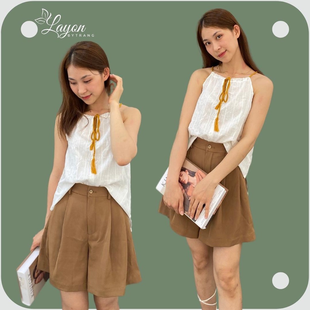Áo yếm thô cotton trắng họa tiết phối quần sooc màu cafe vải tuýt si 2 ly lưng thun