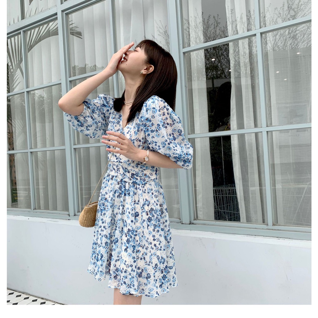 Bitan Dress - Đầm hoa xanh nút bọc