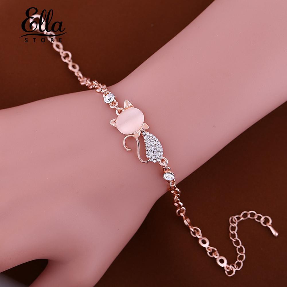 Vòng tay mặt hình mèo đính đá Opal cho nữ