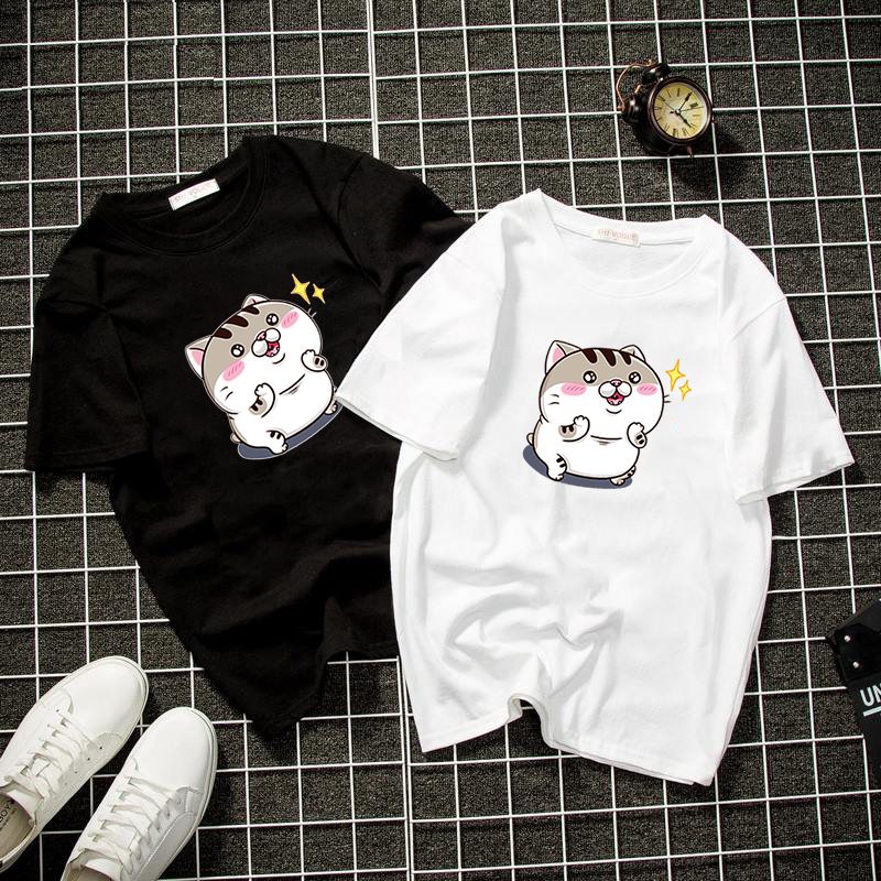 Áo thun unisex form rộng in mèo bụng bự chibi dễ thương vải dày mịn 2019T1107