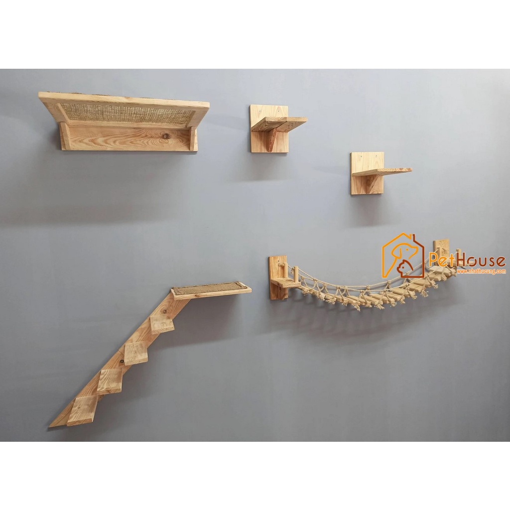 Cầu treo tường dành cho mèo, thang dây gỗ, sân chơi cho mèo bằng gỗ tự nhiên