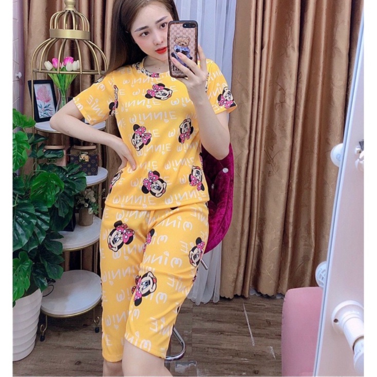 Bộ Lửng Họa Tiết Micki Xinh Xắn, Vải Thun Cotton Mềm Mát,Đủ Màu, Hàng Freesize Dưới 55kg