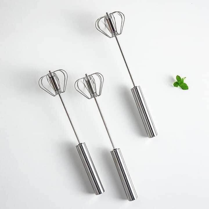 Phới đánh trứng inox có trục tự xoay Dụng cụ đánh bông trứng, trộn bột, tạo bọt cà phê dạng lồng quay