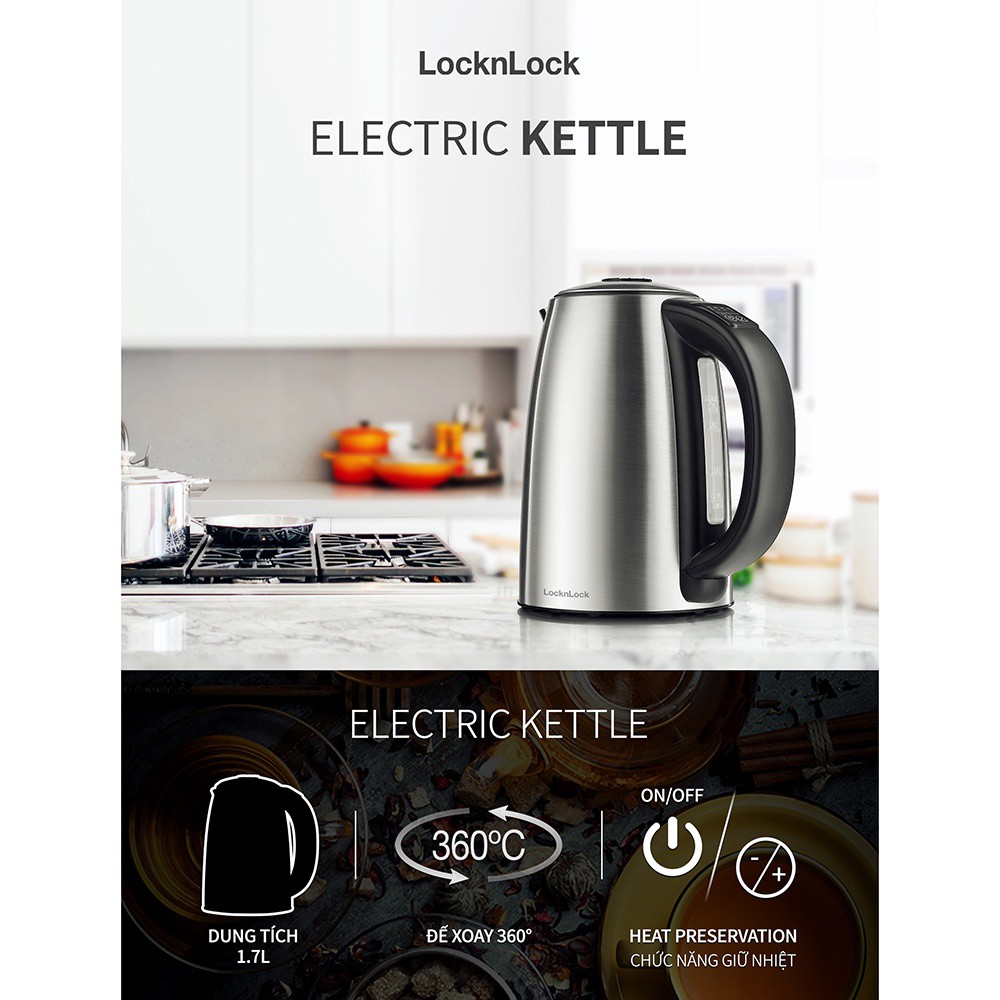 Bình đun siêu tốc mẫu mới nhất LocknLock EJK136SLV dung tích 1.7L, 220-240V, 1850-2200W- màu xám- Hàng chính hãng