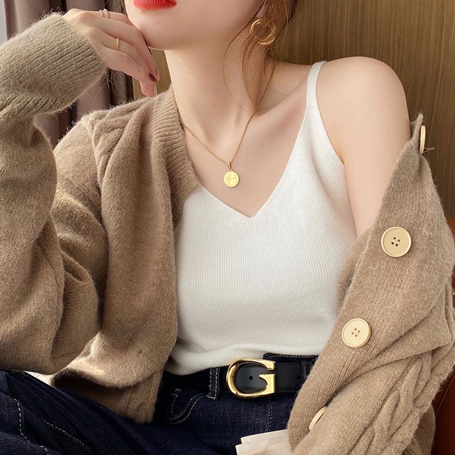 Áo dệt kim 2 dây SUXI cổ chữ V màu trơn đơn giản thời trang mùa hè cho nữ