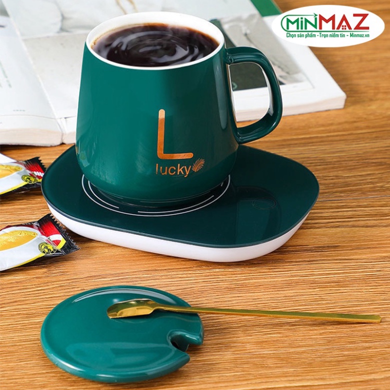 Bộ Cốc Sứ Hâm Nóng Đồ Uống, Bộ Cốc Đế Điện Bằng Sứ Cao Cấp Làm Nóng Đồ Uống Kèm Hộp, Nắp và Thìa Mạ Vàng Tiện Lợi - Free