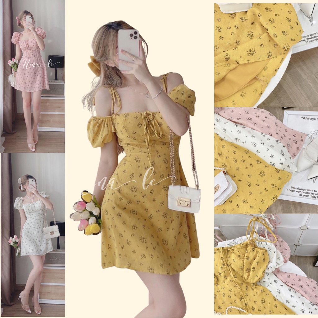 Váy Hoa Nhí Vải Thô Có Cúp Ngực Hai Lớp Tay Phồng Dễ Thương Siêu Xinh