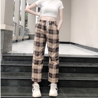 Quần baggy caro vải kate mịn có dây rút điều chỉnh eo