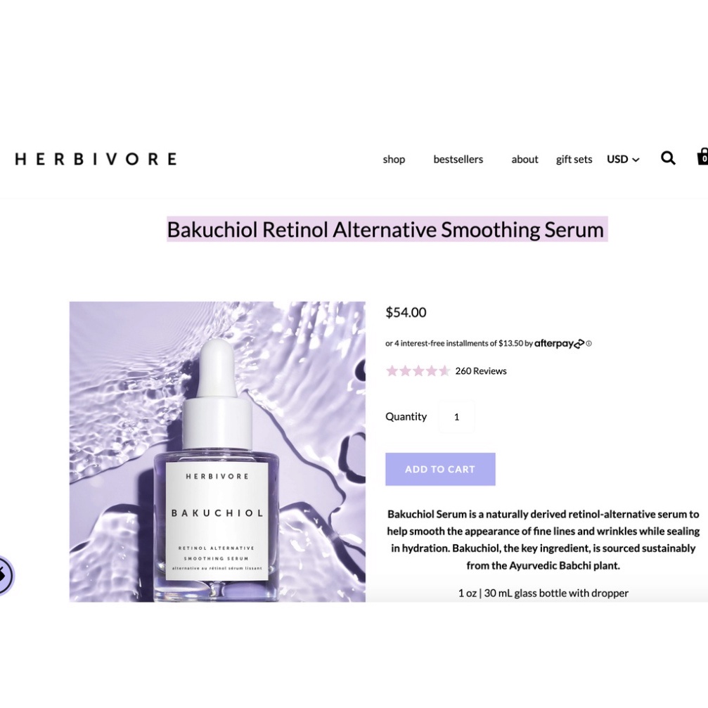 Sample mẫu thử SERUM CHỐNG LÃO HOÁ HERBIVORE Bakuchiol Retinol Alternative Smoothing Serum 2ml