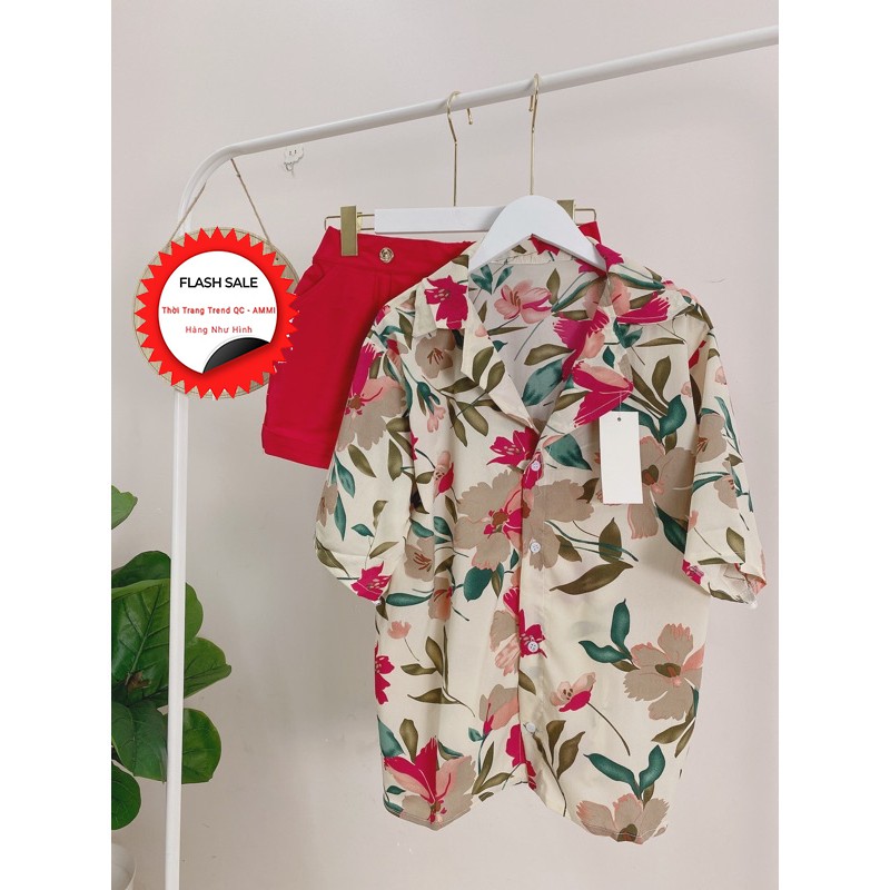 freeship Bộ Quần Short Kèm Áo Sơ Mi Hoa Lá ,Quần Đùi Đỏ Kèm Áo Sơmi Dáng Rộng F006 | BigBuy360 - bigbuy360.vn