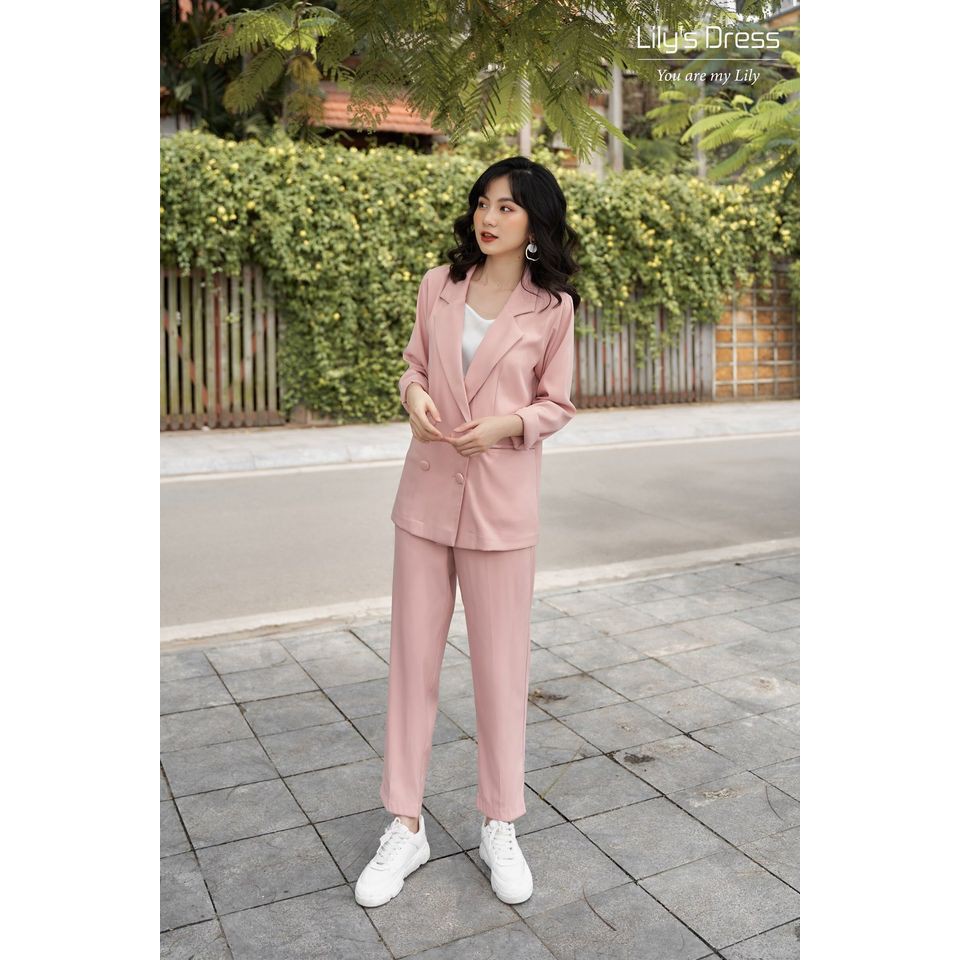 Set Blazer Hồng Phấn 4 cúc dáng ngắn + quần âu by Lilie