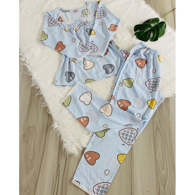 Bộ tole tay dài quần dài mặc nhà phối ren xinh xắn