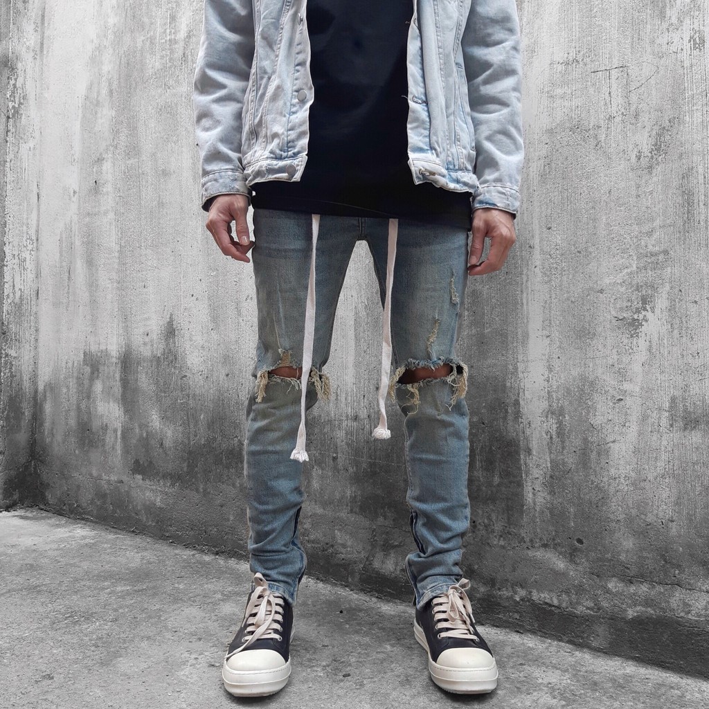 Quần jean nam Streetwear DATINO form Skinny màu Indigo rách gối ống khóa Zipper chất Denim co giãn, bền màu