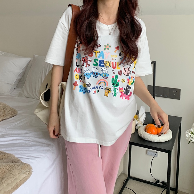 Áo thun SUXI màu trắng tay ngắn cổ tròn in họa tiết hoạt hình đơn giản dễ phối đồ thời trang mùa hè cho nữ