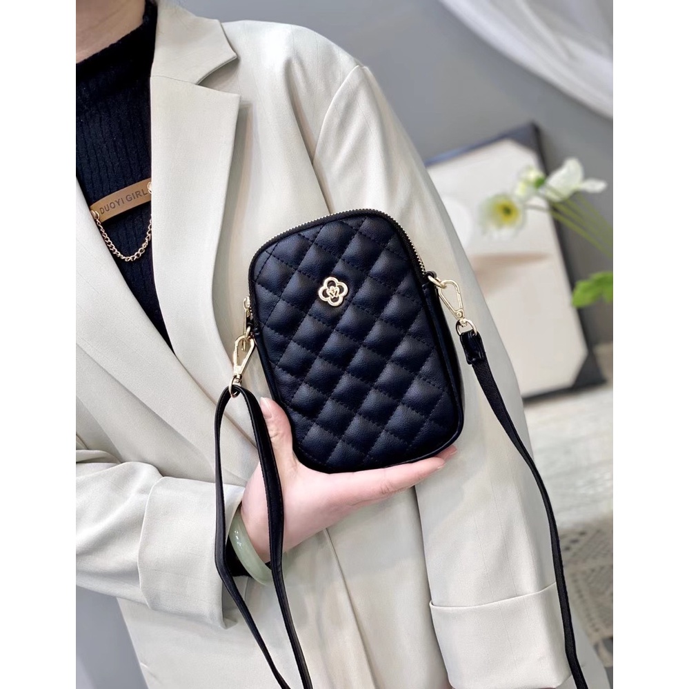 Túi đeo chéo nữ mini đựng điện thoại da PU màu đen vân dập nổi thời trang 3001