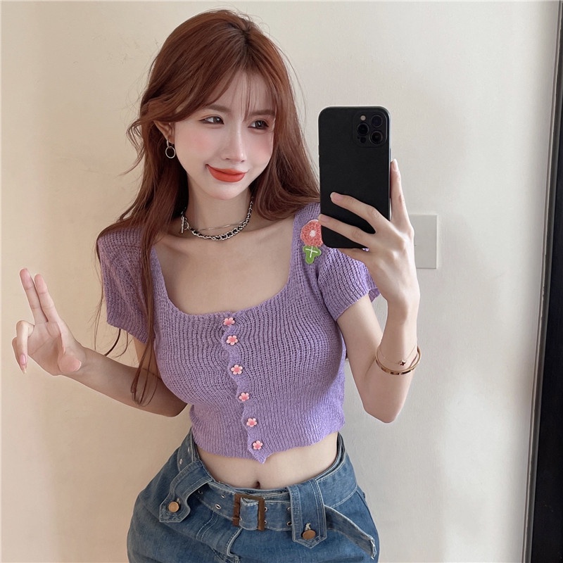Áo Croptop Dệt Kim Tay Ngắn Cổ Vuông Thời Trang Cho Nữ