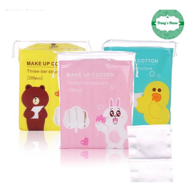 Bông Tẩy Trang 3 Lớp Hàn Quốc Line Friends 200 Miếng Gấu Thỏ Vịt 100% Cotton Cao Cấp