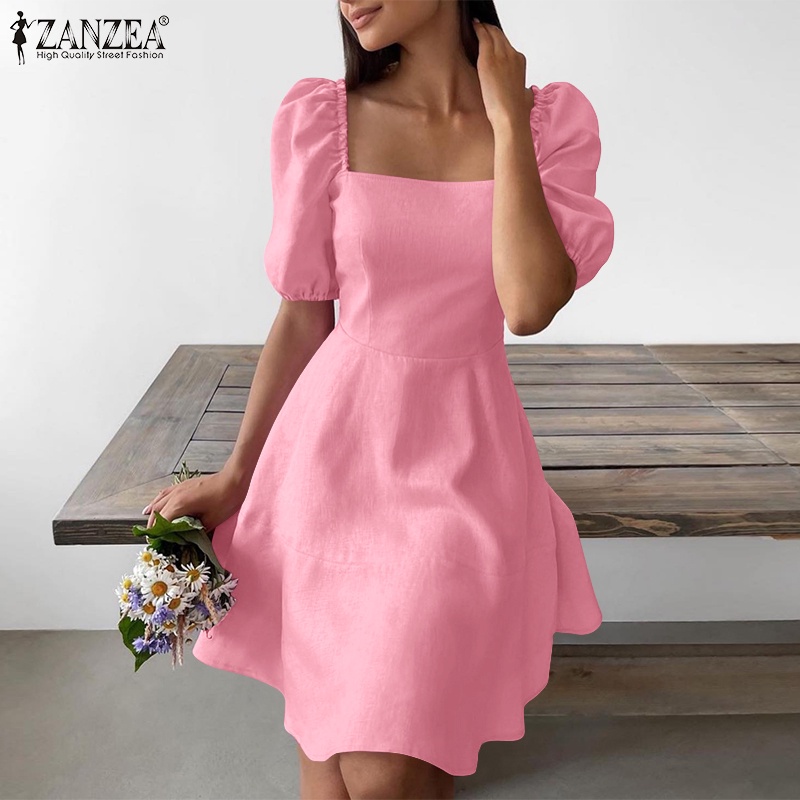 Đầm Mini ZANZEA tay phồng cổ vuông màu trơn thời trang cho nữ