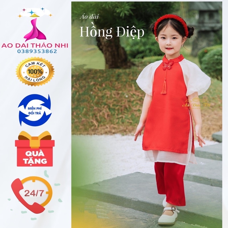 Mẫu áo dài bé gái HỒNG ĐIỆP xinh xắn,dễ thương phù hợp lễ Tết,trung thu,sự kiện đám cưới