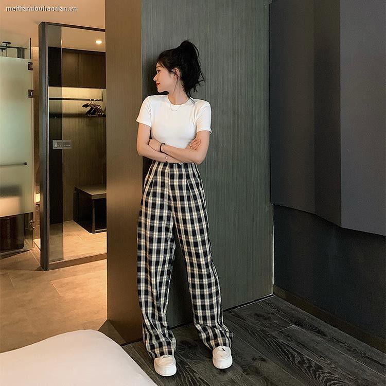 ﹉▨┅Summer Korean version of 2020 new high waist loose drape wide-leg trousers ins all-match plaid casual pants women’s trend