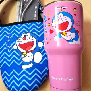 Combo ly giữ nhiệt doremon hồng 900ml kèm đủ phụ kiện