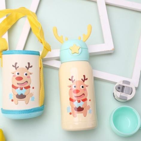 Bình Nước Giữ Nhiệt Inox Cao Cấp Hình Hươu Cute Cho Bé Có Ống Hút