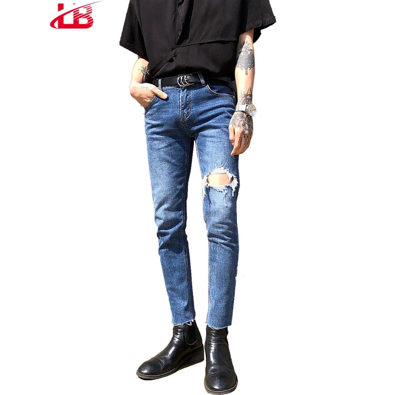 Quần Jean Dài Nam Lb Màu Xanh Rách Đắp Gối Màu Xanh Jean Phom Body Dnbb021 ! '