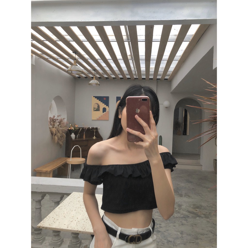 Hàng Hot Siêu Đẹp -  Áo Trễ Vai Viền Bèo Len Tăm Mặc Nhiều Kiểu - Áo Croptop Bánh Bèo Tím Hot