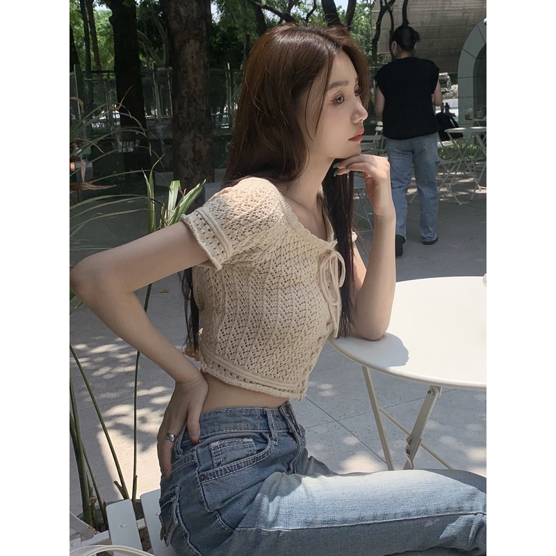 Áo Cardigan Dệt Kim Tay Ngắn Phối Ren Lỗ Thắt Dây Phong Cách Retro Mỹ Thời Trang Mùa Hè Cho Nữ