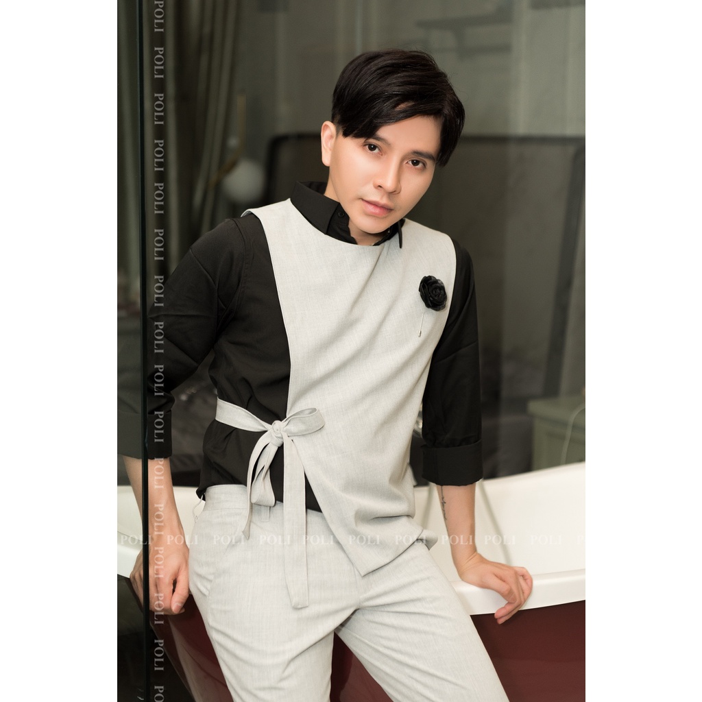 Sơ mi trắng phối ghile đen cột dây | BigBuy360 - bigbuy360.vn