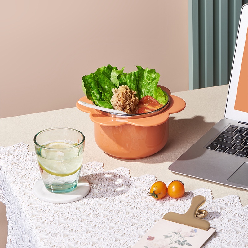 Bát úp mì - Bát ăn mì tôm inox 2 lớp cách nhiệt hình bông hoa có nắp đậy