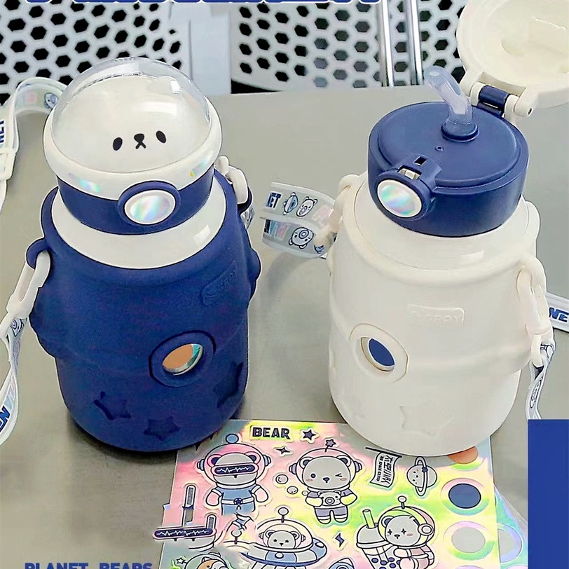 Bình Nước Giữ Nhiệt Bằng Thép Không Gỉ 316 500ML Hình Phi Hành Gia Dễ Thương Kèm Ống Hút Và Dây Đeo Cho Trẻ Em