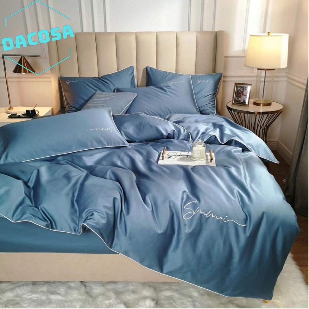 [Giá Sỉ] Bộ Chăn Ga Gối LỤA SUMOI 60S Màu Xanh Biển Cao Cấp Khách Sạn