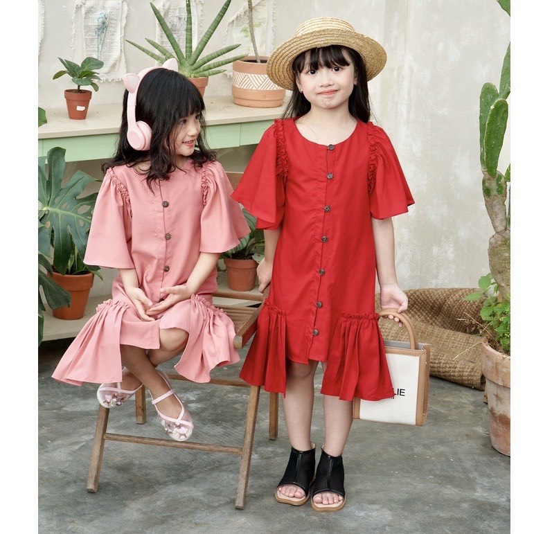 Váy đầm bé gái mùa hè xòe cách điệu hè đính cúc vải trượt nhật cao cấp Jumping KC màu đỏ,hồng size trẻ em 4-12
