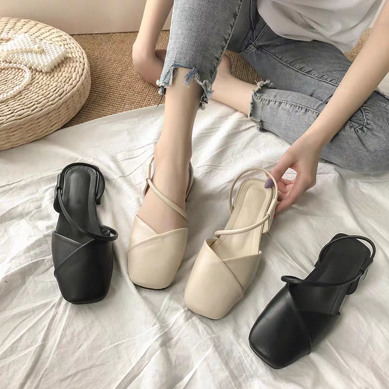 Gìay sandal tiểu thư đen mũi vuông quai ống, giaydepxinh.dangmi