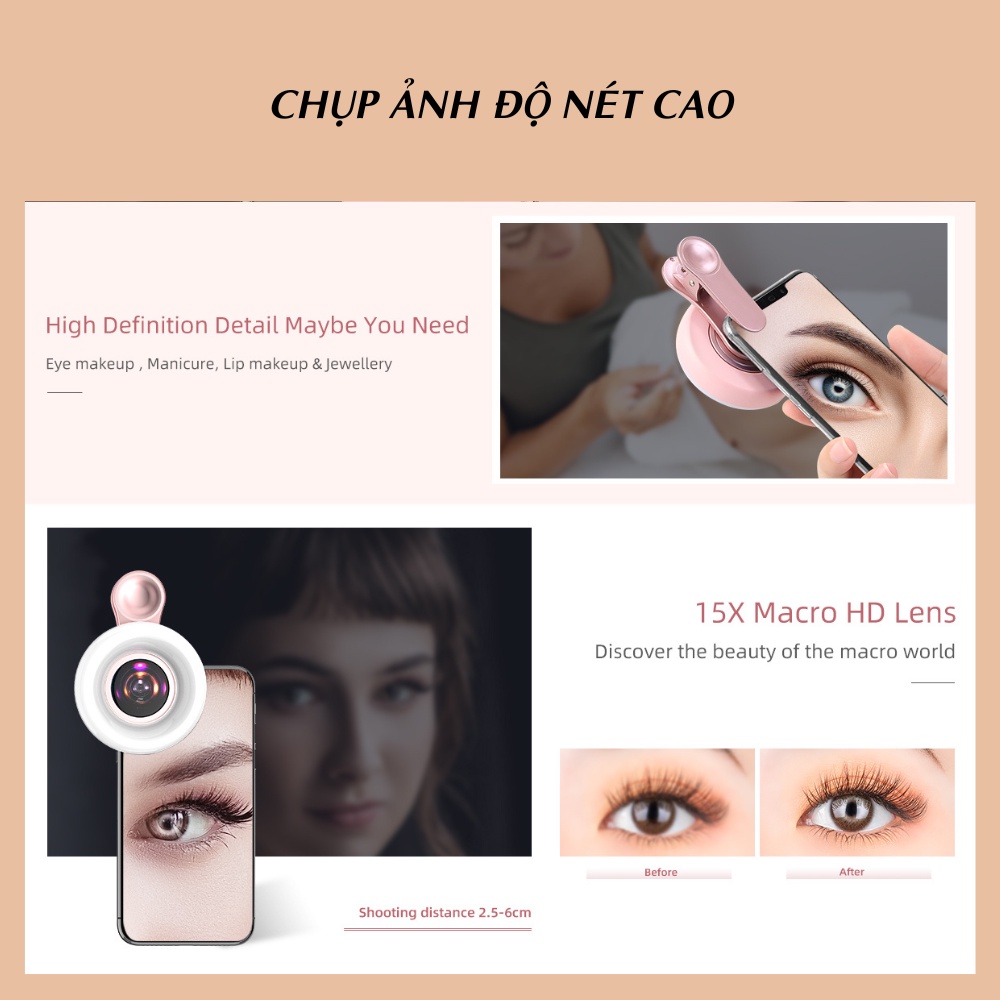 Lens macro 15x dành cho điện thoại, siêu nét 4K, chuyên dùng cho spa chụp lông mi, môi, mày, trang sức, chụp cận 2-6cm