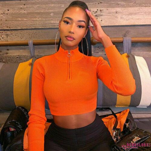 Áo lửng tay dài cổ khóa kéo màu trơn quyến rũ cho nữ